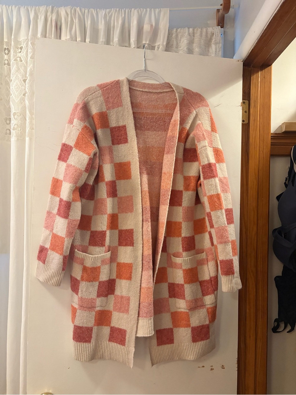 Cream and Pink Checkered Open-Front Women's Cardigan Sweater